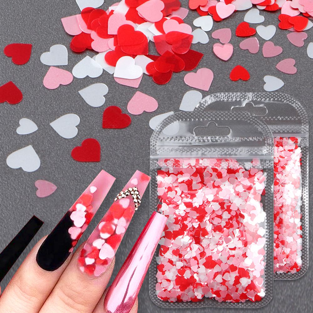 MXBEAUTY Pink Red Nail Art Glitter Flakes Matte DIY Nails Decoration Valentine's Day Nail Art Valentine's Day Design Mixed Nail Sequins Sweet Love Heart Shape Romantic Manicure Accessories