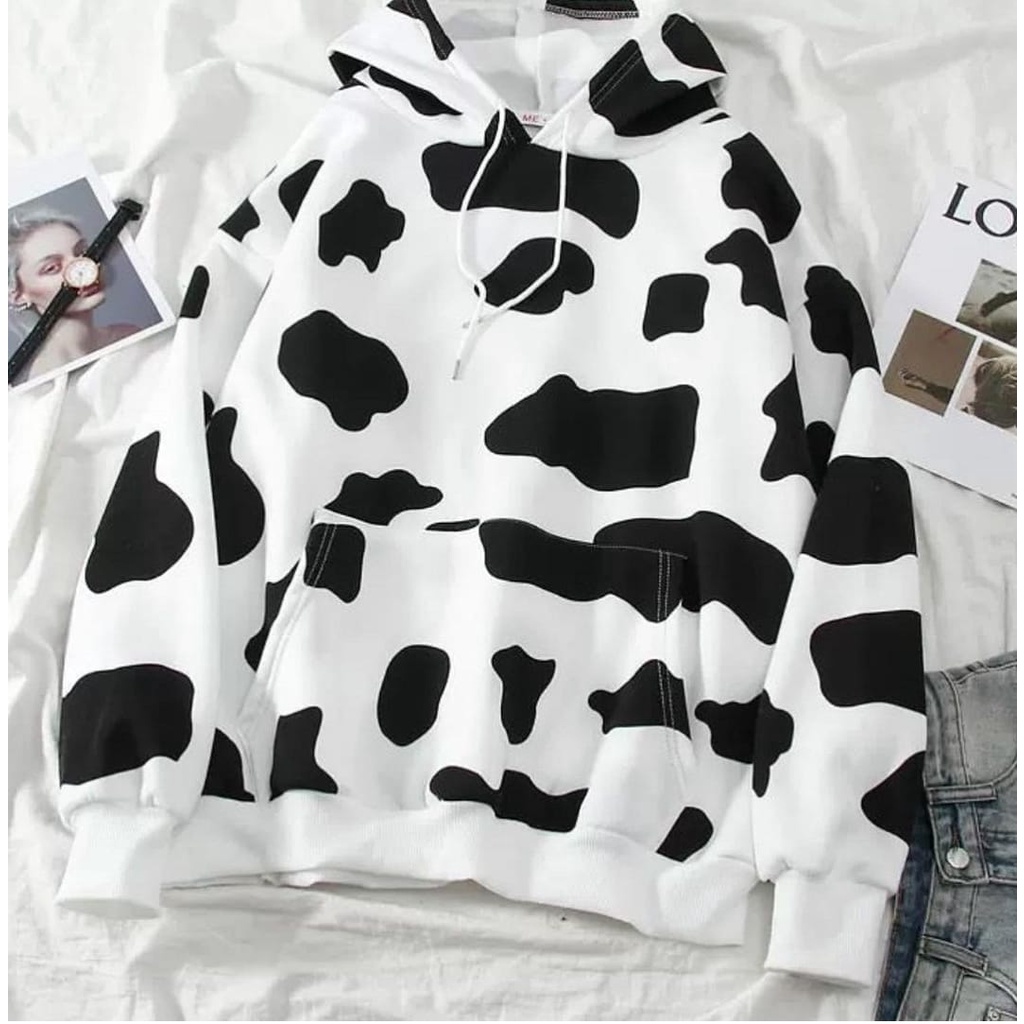 COW PULL PRINT HOODIE SWEATER WANITA OVERSIZE - SWEATER HOODIE WANITA KOREA - SWEATSHIRT OVERSIZE