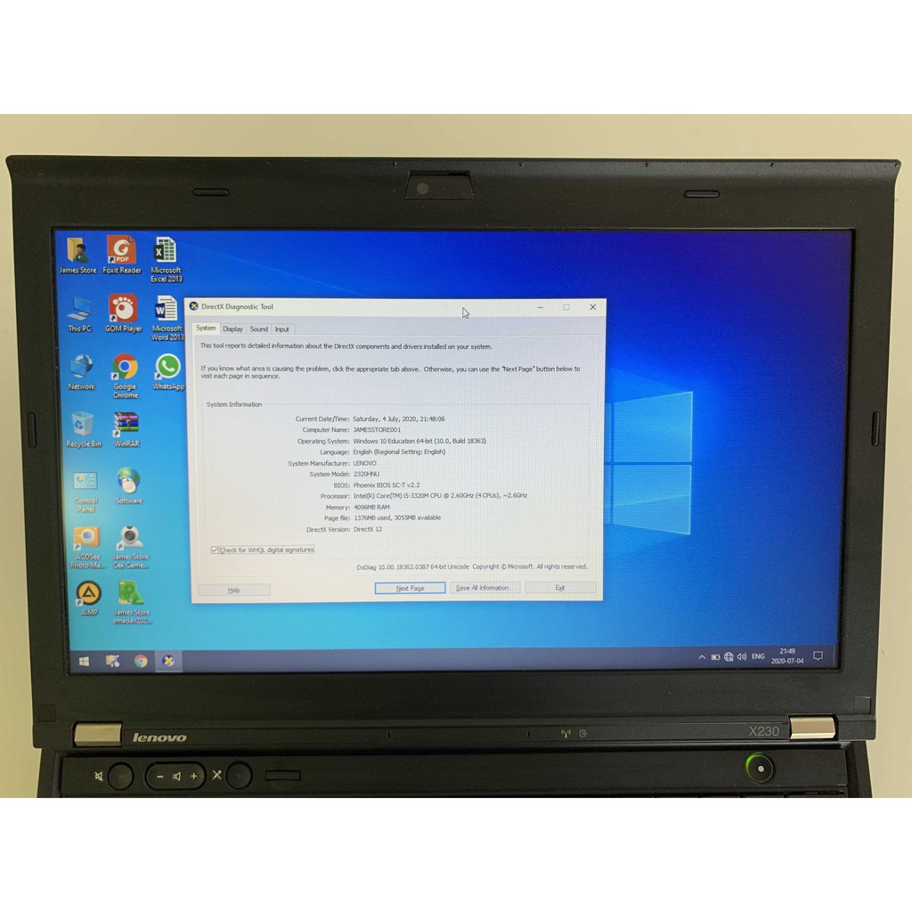 Laptop-Murah-Lenovo Thinkpad-X230-Corei3Gen3-Ram4G-HDD320G-Kamera-DVD-Design-Gaming-Win10-Siap Pakai