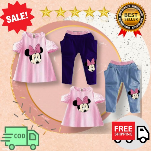 Vision Online -Stripy minnie pinky/ setelan sabrina baju dan celana denim anak perempuan 1-4 tahun