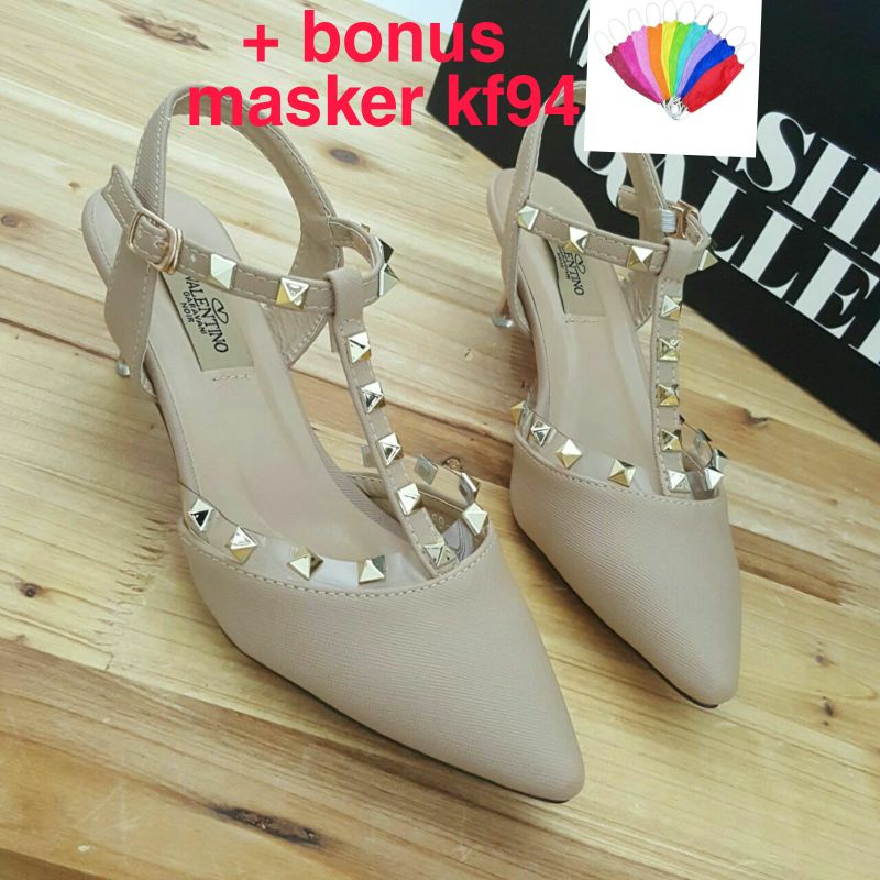 PROMO 12.12 BIGSALE Heels Wanita Val*ntino Replika Piramid Pd295 Hitam dan Cream