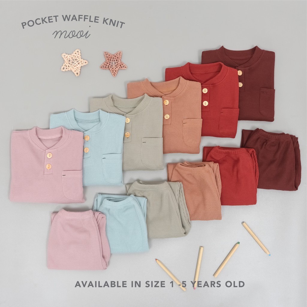 Mooi Setelan Anak Pocket Waffle Knit Set 1-5 Tahun Setelan Panjang Mooi CBKS