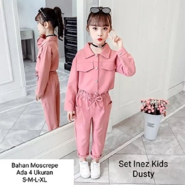 Stelan Kemeja Anak Perempuan import korea/Set Inez Kids 3-11 Tahun Lengan Panjang Celana Panjang/Matt Moscrepe