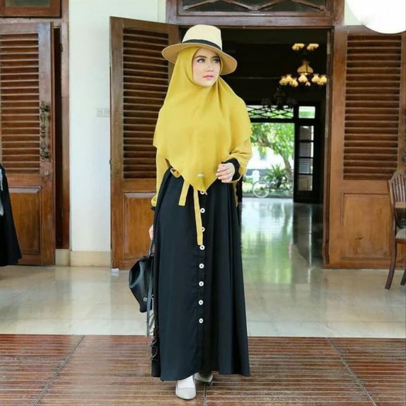 Baju Dress Gamis Syari Busui Kancing Depan Dapat FREE Plus Hijab Jilbab Kerudung Ibu Wanita Perempua