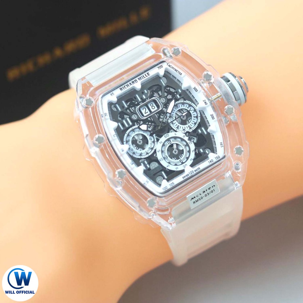 GROSIR Jam tangan Pria RM Richard-M Transparan Strap Rubber Karet Premium Sport Include Free Box + B