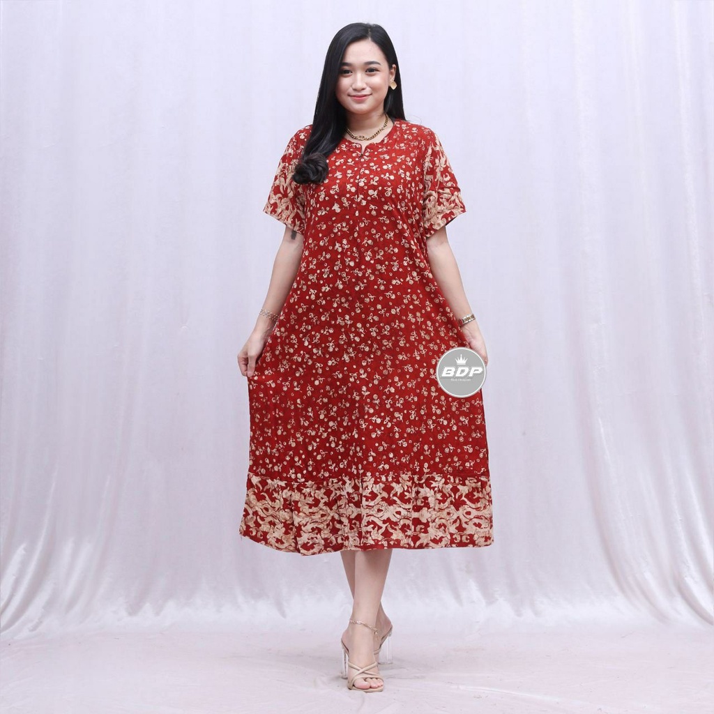 Dianputri - Daster Maura Batik Cap Rayon Grade A Motif Terbaru Busui Resleting Depan - Baju Tidur Daster Kekinian-kembang merah