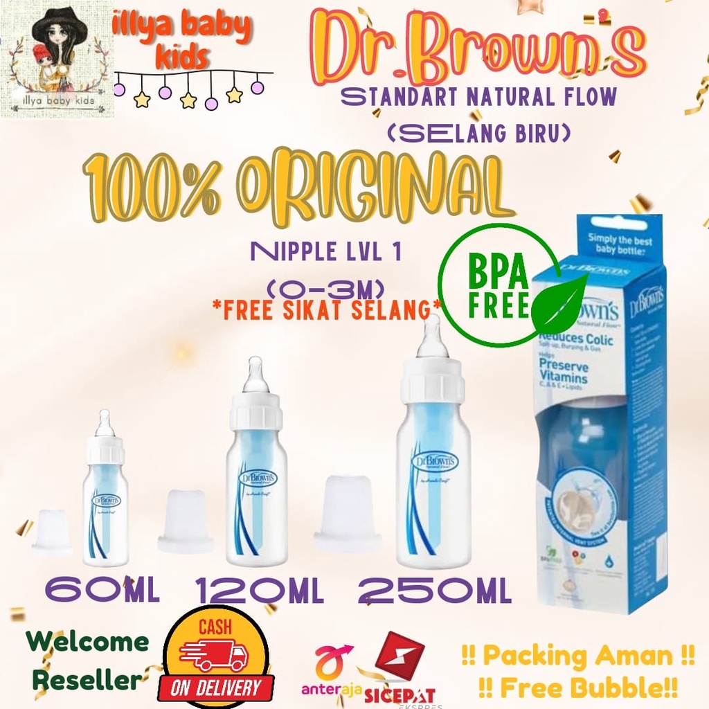 Dr. Brown's dr brown browns Natural Flow Standard Botol Susu 60ml / 120ml & 250ml(selang biru)