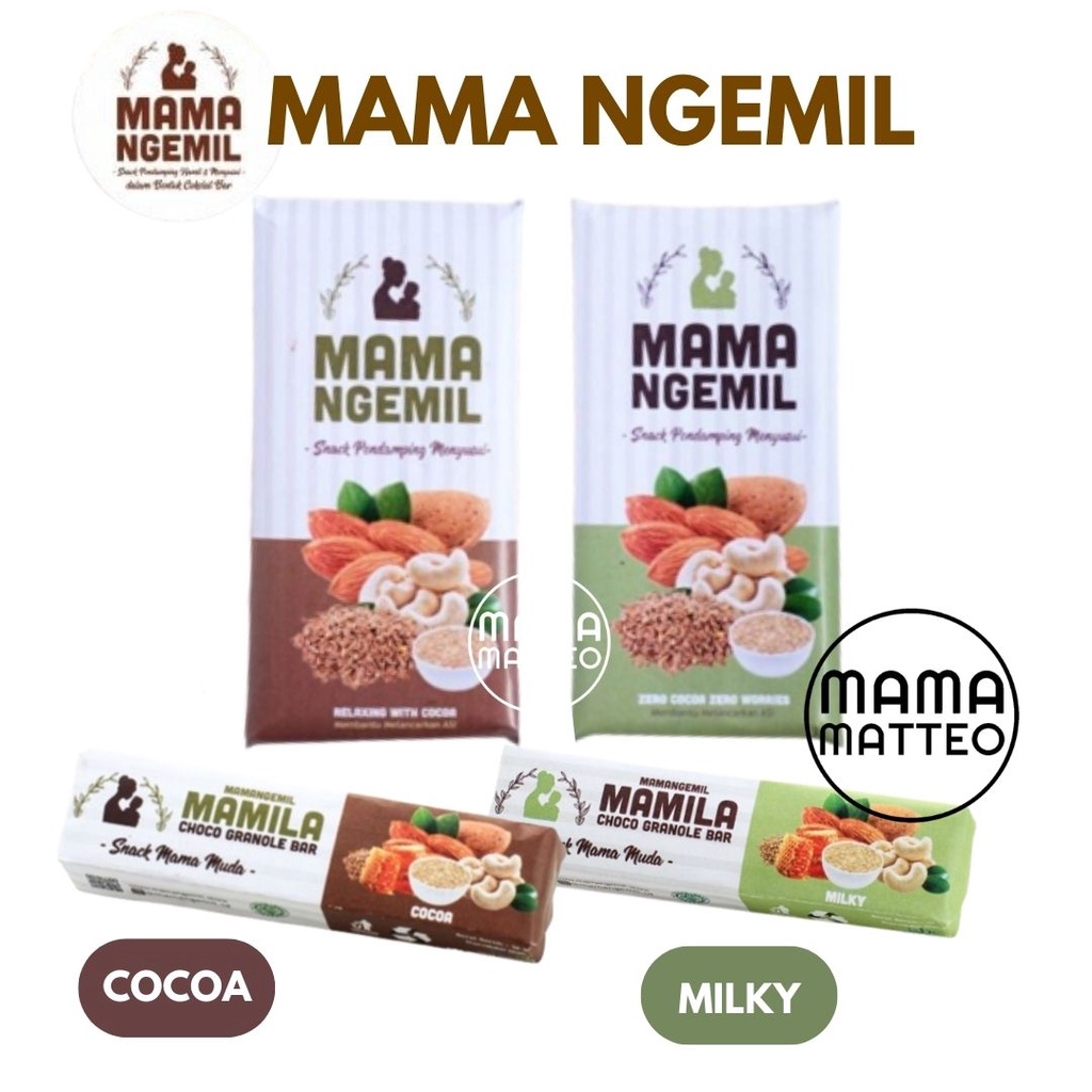 MAMA NGEMIL Choco Bar 75gr dan Mamila Granole Bar 37gr / Low Calorie / ASI Booster Bebas Pahit / Pelancar ASI / Coklat ASI Booster / BANDUNG