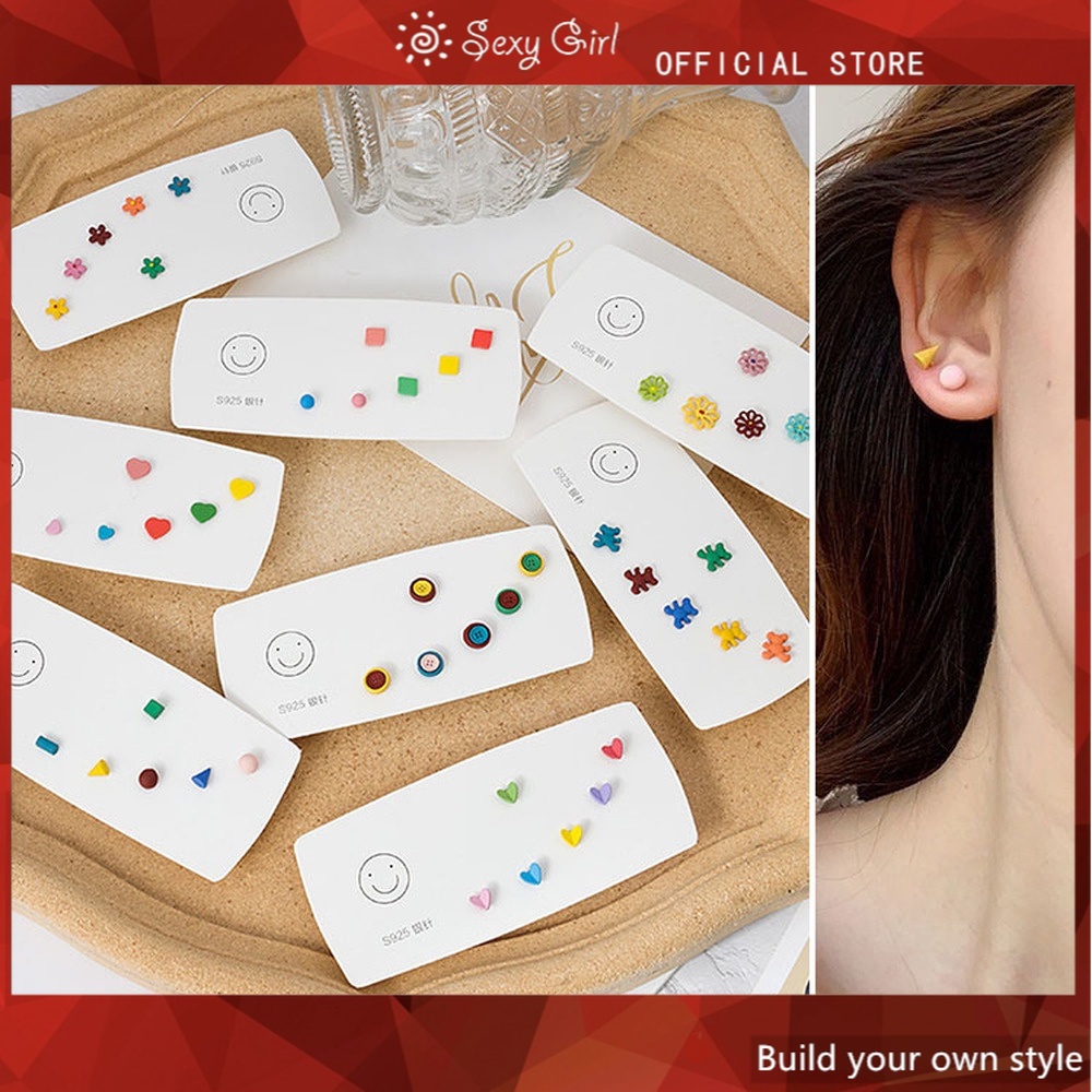 3 Pasang / set Anting Tusuk Silver 925 Bentuk Bunga Aster Kecil Gaya Korea Untuk Wanita