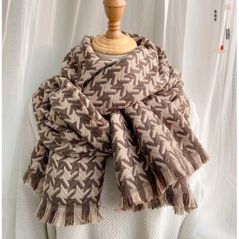 Winter Houndstooth Scarf Syal Pashmina Panjang Bordir