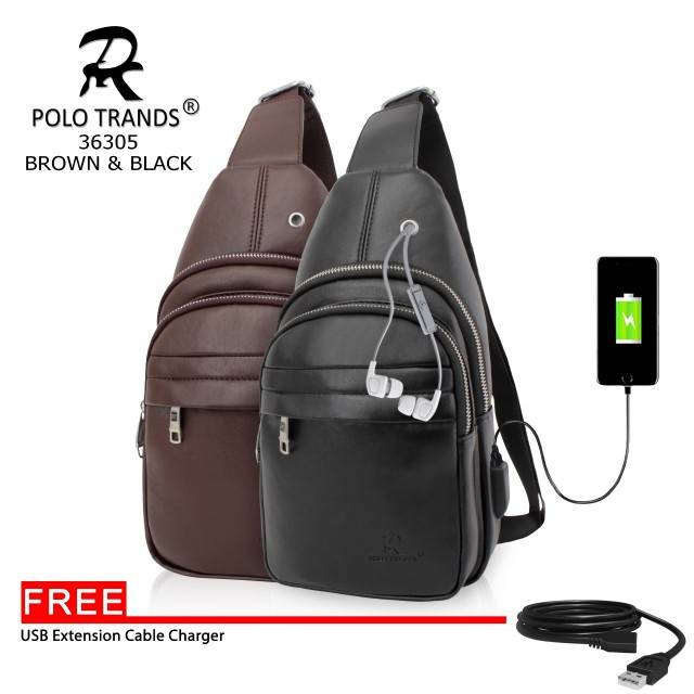 Polo Trands 36305 [ORIGINAL BRANDED] Tas Selempang Kulit FREE Kabel USB Charging Pria/Wanita