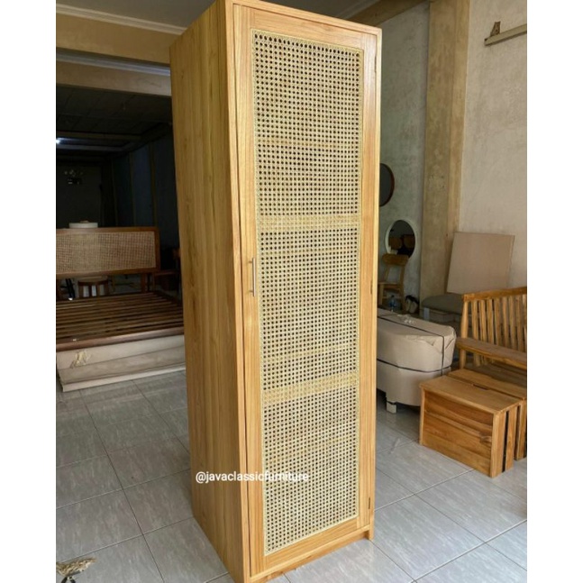 LEMARI ALMARI PAKAIAN ROTAN PINTU 1 RETRO MINIMALIS VINTAGE KABINET BAHAN KAYU JATI GRADE A FINISHING NATURAL BLEACHING BERKUALITAS EXPORT FURNITURE MEBEL JEPARA-1