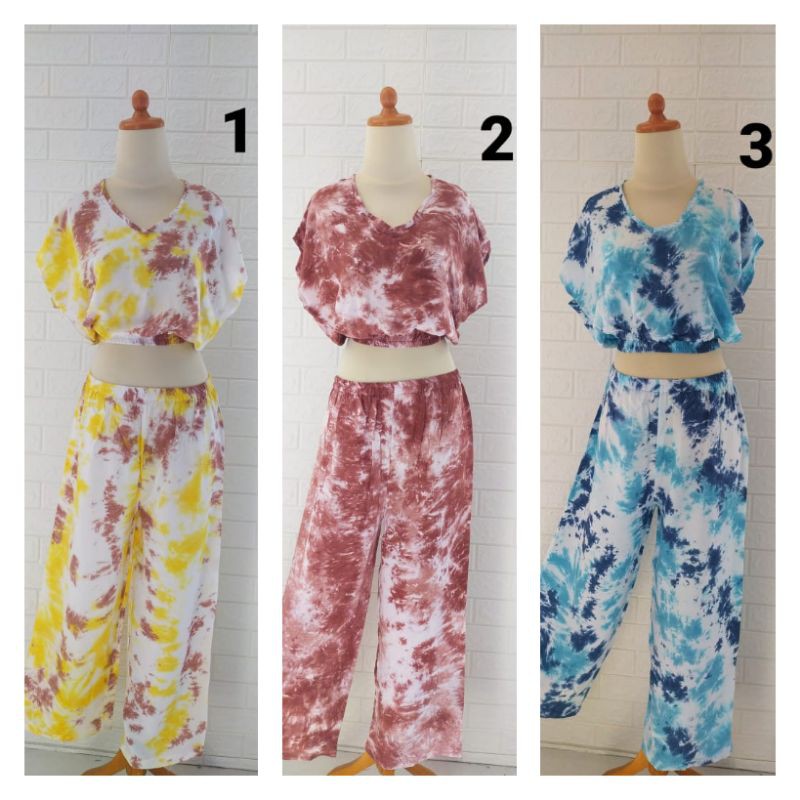 Top V + Celana Panjang Rayon Tie die / Crop Setelan / Tie Die Set