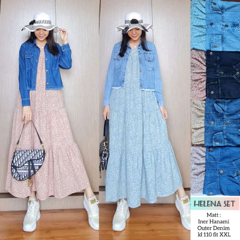 lydia maxi, dress free denim jaket, gamis lucu, dress premium murah, set denim, set jeans import