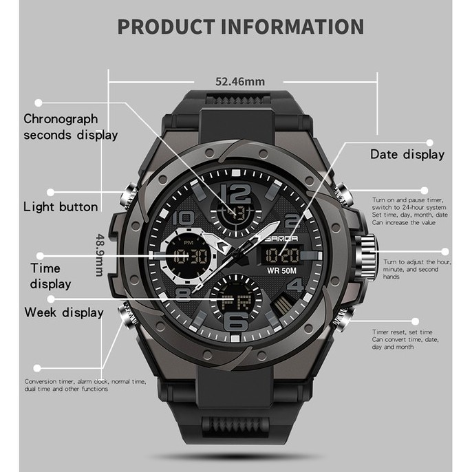 SANDA 6008 Jam Tangan Pria Digital Analog Tali Rubber Chronograph Anti Air WATCHKITE WKOS