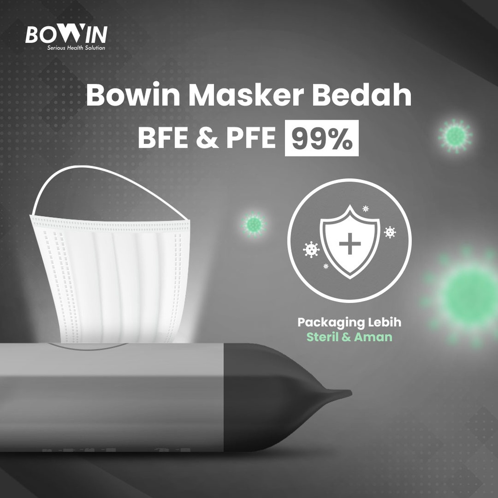 BOWIN MASKER BEDAH ~ Kemasan BARU!!! (Masker Medis/Surgical/Disposable/Earloop) BFE PFE 99% (KEMENKES RI AKL/AKD)