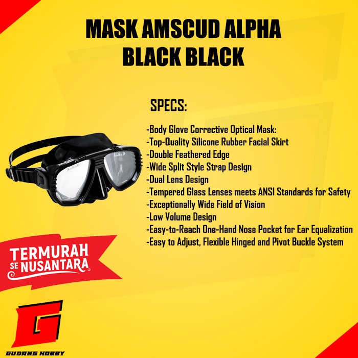 Kacamata Selam Alat Snorkling Mask Selam/Mask Diving/Mask Snorkeling Mask Amscud Alpha BLACK/BLACK