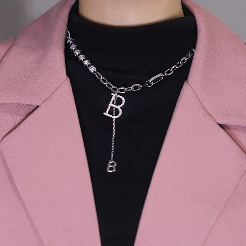 Fancyqube Kalung Rantai Klavikula Desain Huruf B Warna Silver Gaya Punk Untuk Aksesoris Sweater Wanita