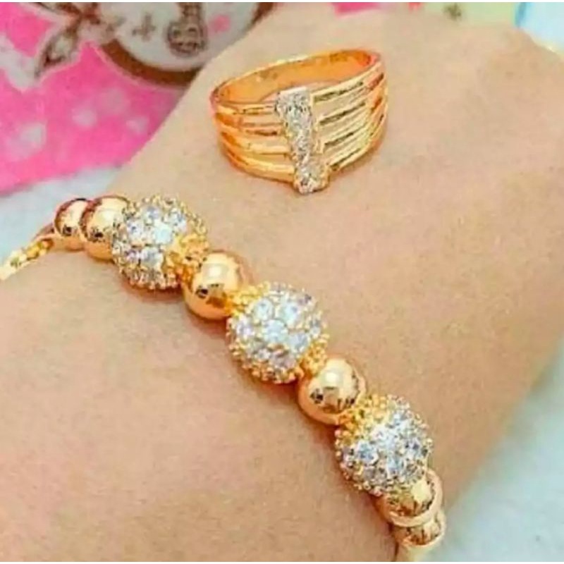 Gelang tangan rantai mangkok set cincin mata baris4 titik gold