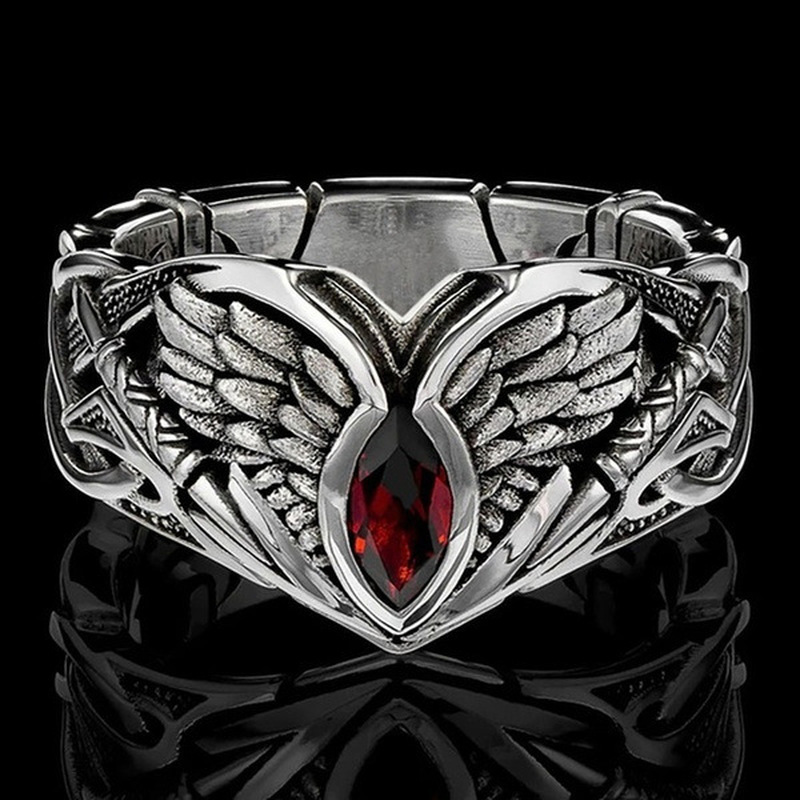 Cincin Sayap Malaikat Perak 925 Vintage Berlian Kristal Merah Rubi Pria Wanita Titanium Punk Fashion Perhiasan Rings