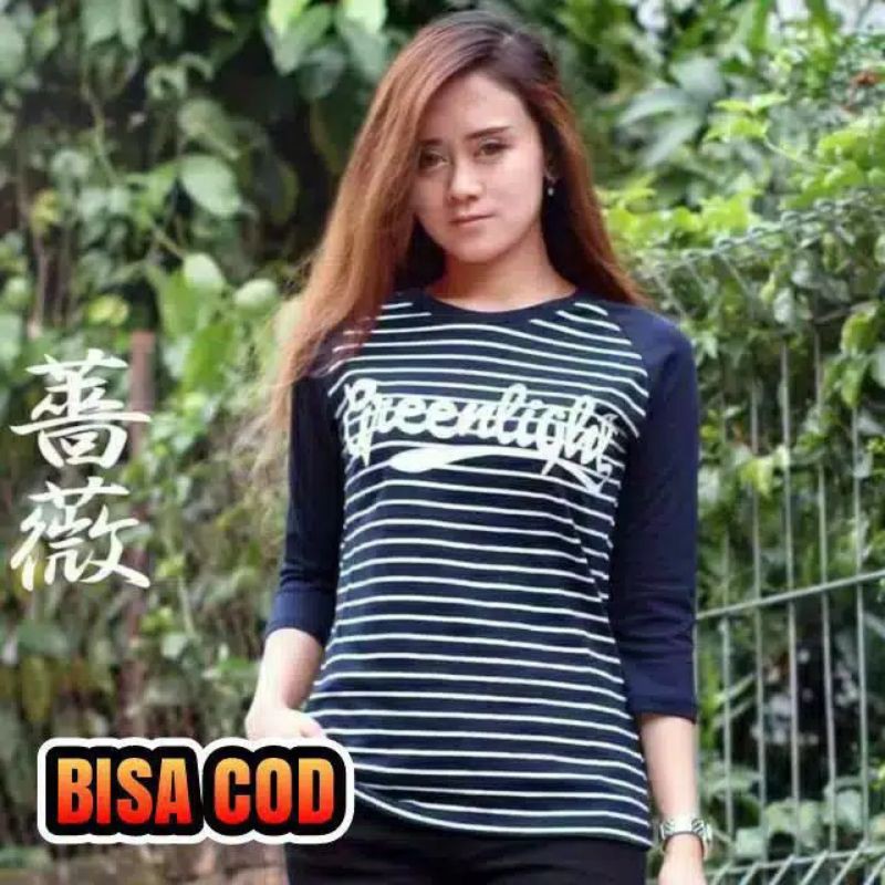 kaos wanita raglan lengan panjang 3/4 greenlight body  garis putih