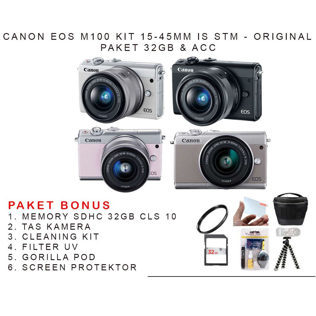 CANON EOS M100 KIT 15-45MM PAKET 32GB - KAMERA CANON MIRRORLESS ORIGINAL