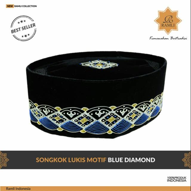 KOPYAH SONGKOK PECI HITAM MOTIF BLUE DIAMOND