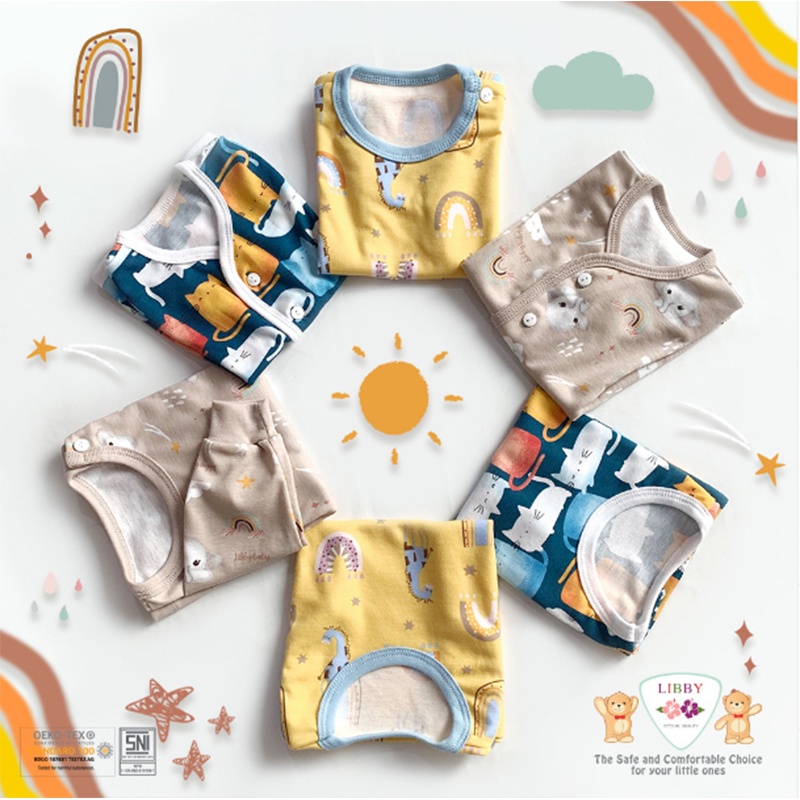 Setelan Baju Pendek Libby Baby 3Stel Kancing Depan Piyama Baju Bayi