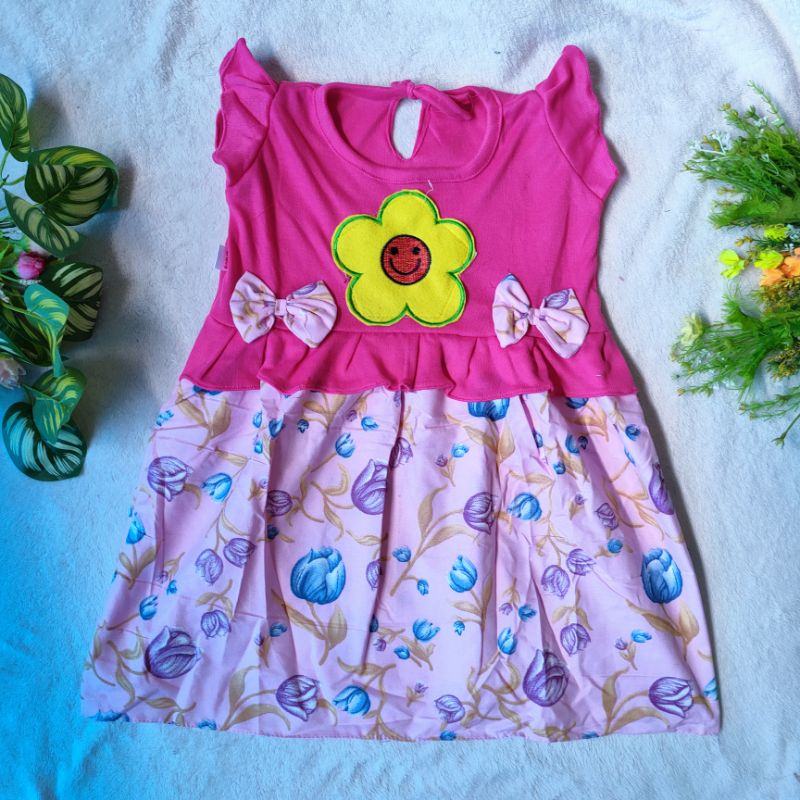 Dress anak cewek 1 2 Tahun perempuan tulip pita kartun smile ( Dress SmileTu)