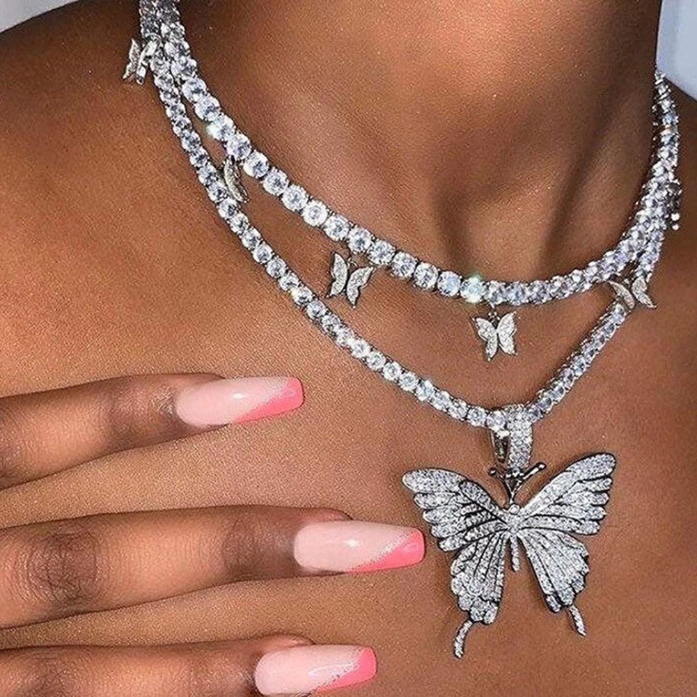 Hu Hu Hu Hu Hu Alat Bantu Pasang Kacamata♡ Kalung Rantai Liontin Kupu-Kupu Bahan Stainless Steel Hias Berlian Imitasi Untuk Wanita