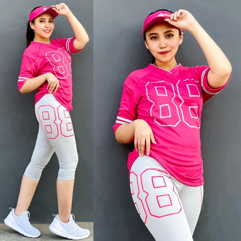 Setelan Olahraga Wanita 88 Pink Abu Set Baju Senam l Gym Fitness Running Jogging Cycling Gowes Train