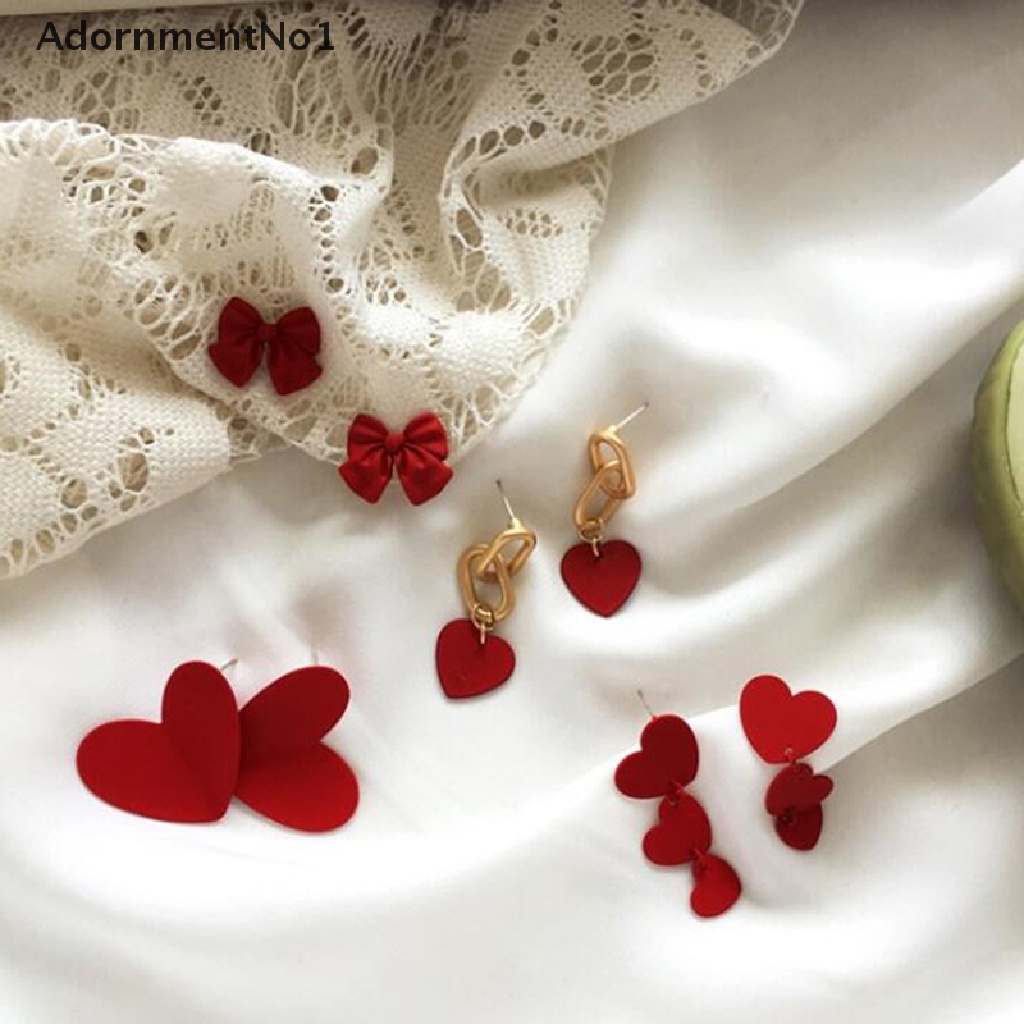 (AdornmentNo1) Anting Tusuk Bentuk Hati Merah Aksen Pita Untuk Wanita