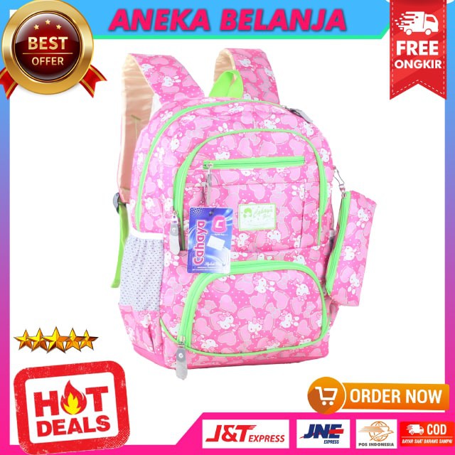 TAS SEKOLAH SD SMP CAHAYA KITTY PINK VARIASI HIJAU BACKPACK ANAK CEWEK KARAKTER LUCU FREE RAINCOVER