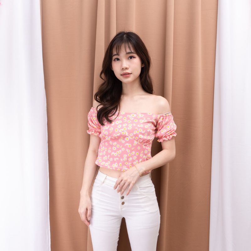 blouse flower floral Korean lengan pendek puff CROP NICOLE TOP DAISY bunga