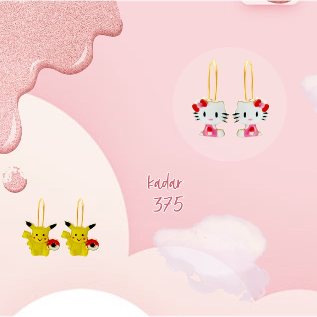 Anting anak hello kitty duduk dan pikachu emas asli kadar 375
