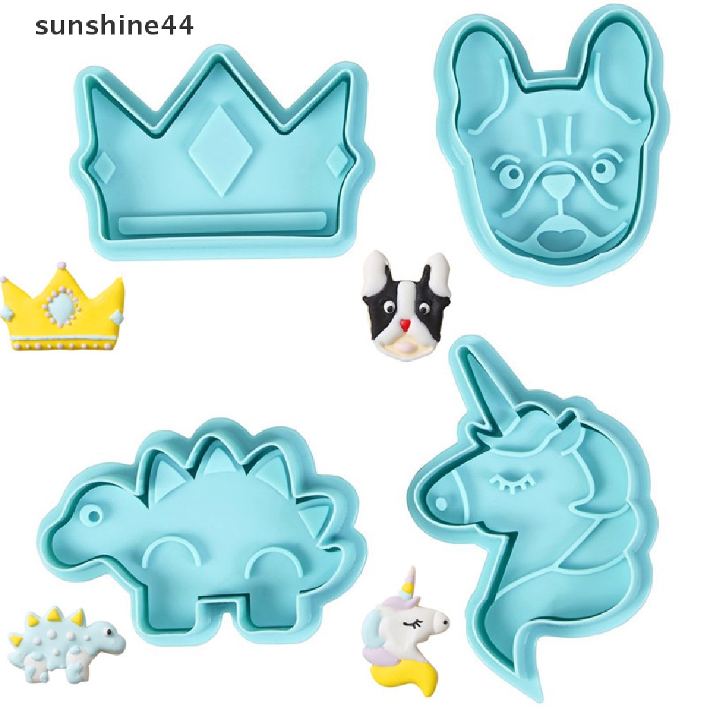 Sunshine 4Pcs / set Cetakan Plunger Kue Bentuk Unicorn / Dinosaurus / Mahkota Bahan Plastik