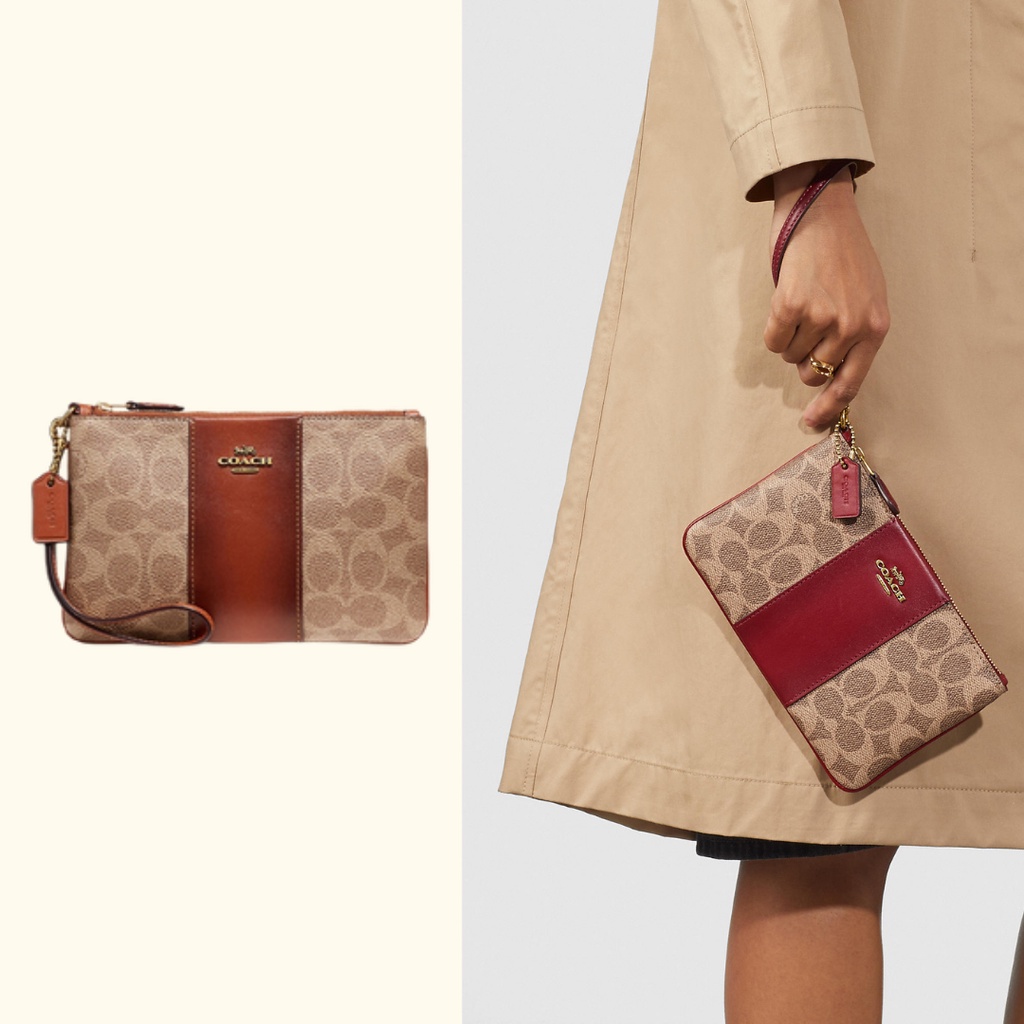 [ORIGINAL 100%] Coach F32445 Small Wristlet in Colorblock Signature Canvas - Brown