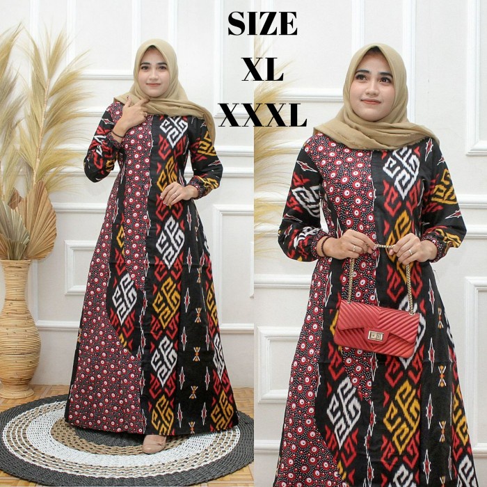 (BISA COD) Gamis Batik Wanita / Gamis Batik Jumbo / Gamis Batik Kombinasi Polos - Merah, XL