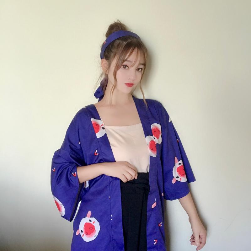 2022 Fashion Casual Pink Purple Street Beach Cardigan Kimono Wanita Motif Jepang Harajuku Kimono Longgar Warna 2023t