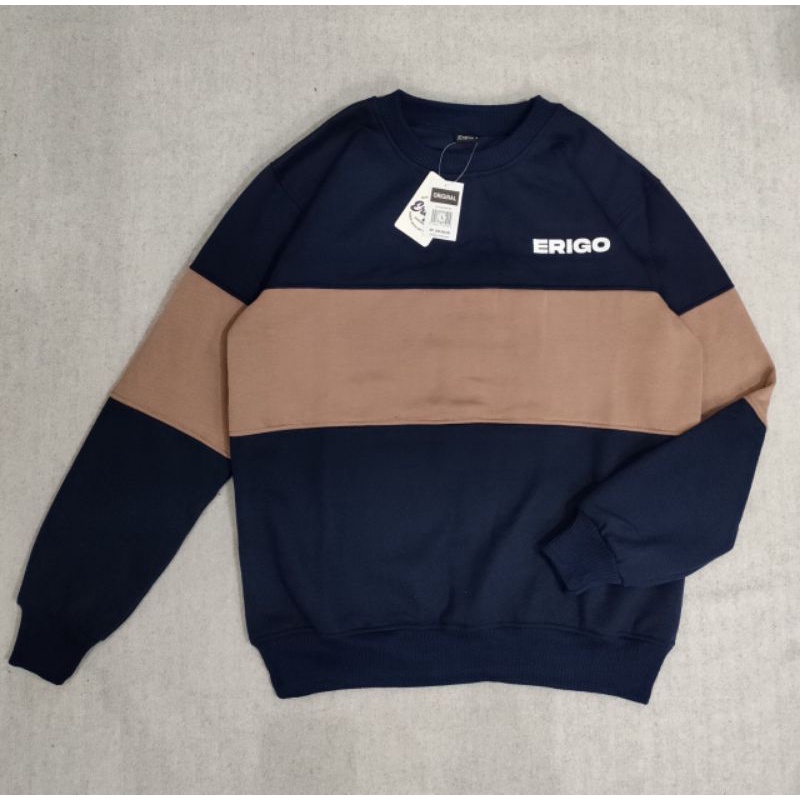 Dz97 Sweater Crewneck Pria Distro Grafity Sweter Switer Crewnek CN Crowneck Cowok Cewek Wanita Tebal-Stripe Navy Moca.