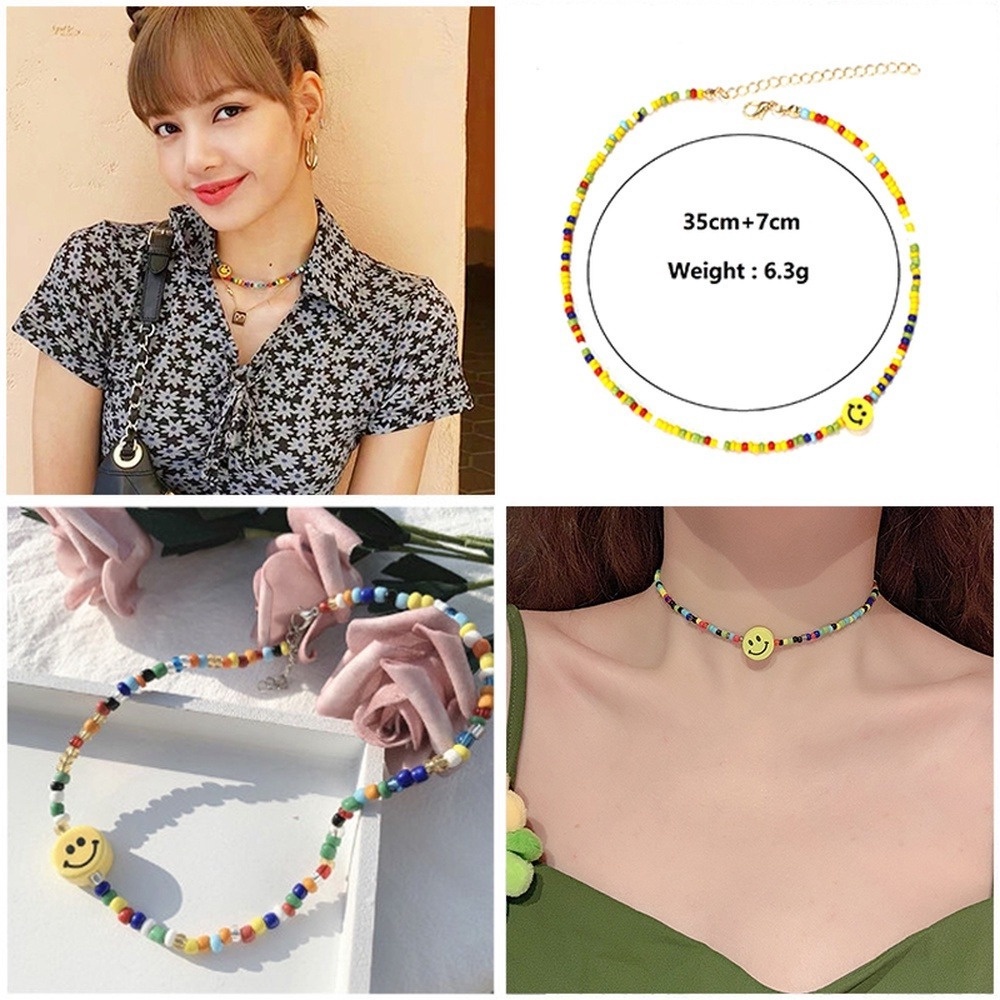 Women Ethnic Choker Necklace Girls Colorful Rice Beads Bohemian Necklace Smile Face Pendants