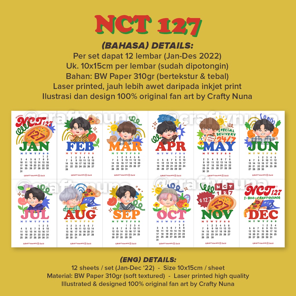 2022 FANART CALENDAR KPOP BTS NCT 127 DREAM season's greetings desk kalender meja dinding wall decor lucu aesthetic deco estetik cute cartoon kartun fanmade