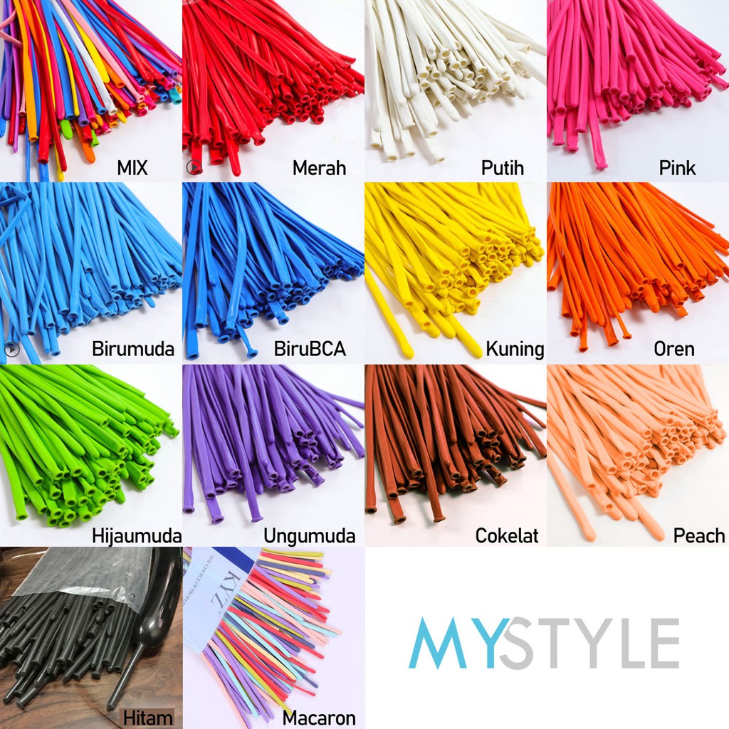 BALON LATEX PENTIL BIASA/PASTEL (1 PACK = 100 PCS) BALON CACING BALON LATEX TWIST BALON PANJANG