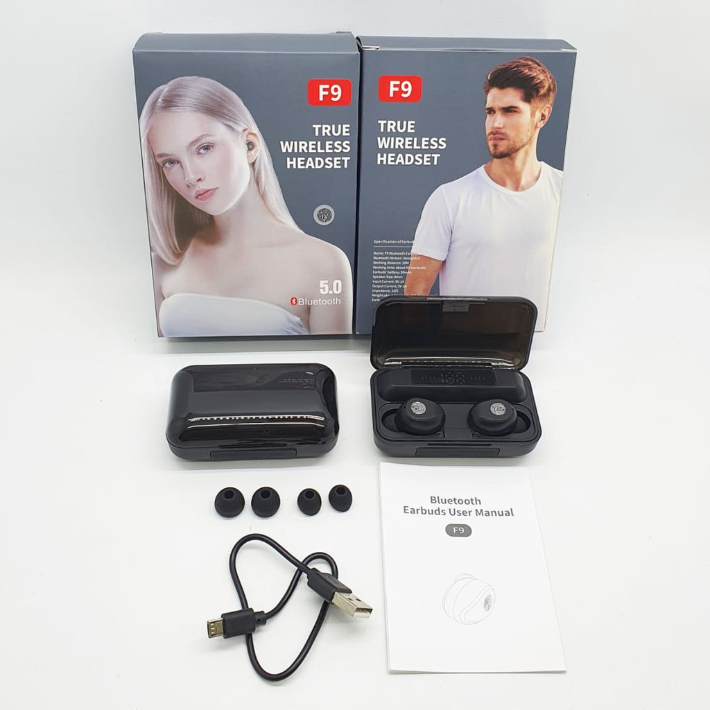 Headset F9-3 Touch TWS Sport Earphone True Wireless LED Touch with Powerbank Charging Dock 2000mAh