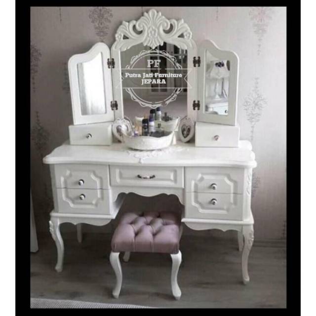 Meja rias jati warna putih Duco Tolet ukir Jepara