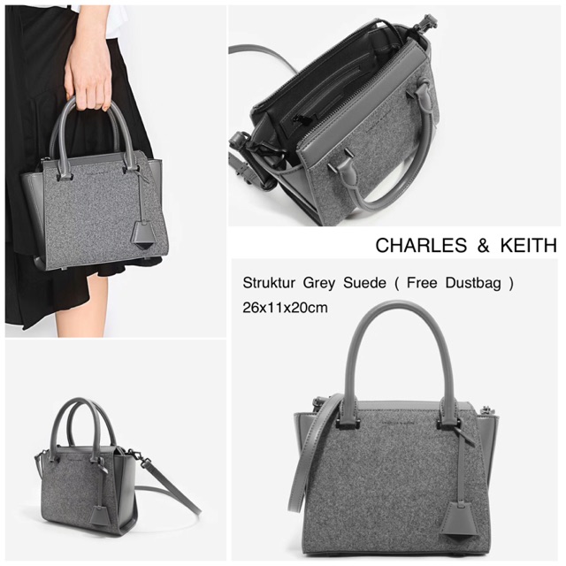 Charles & Keith Struktur Bahan Baru  Suede Grey and Leather Black  ( Free Dustbag ) 26x11x20cm