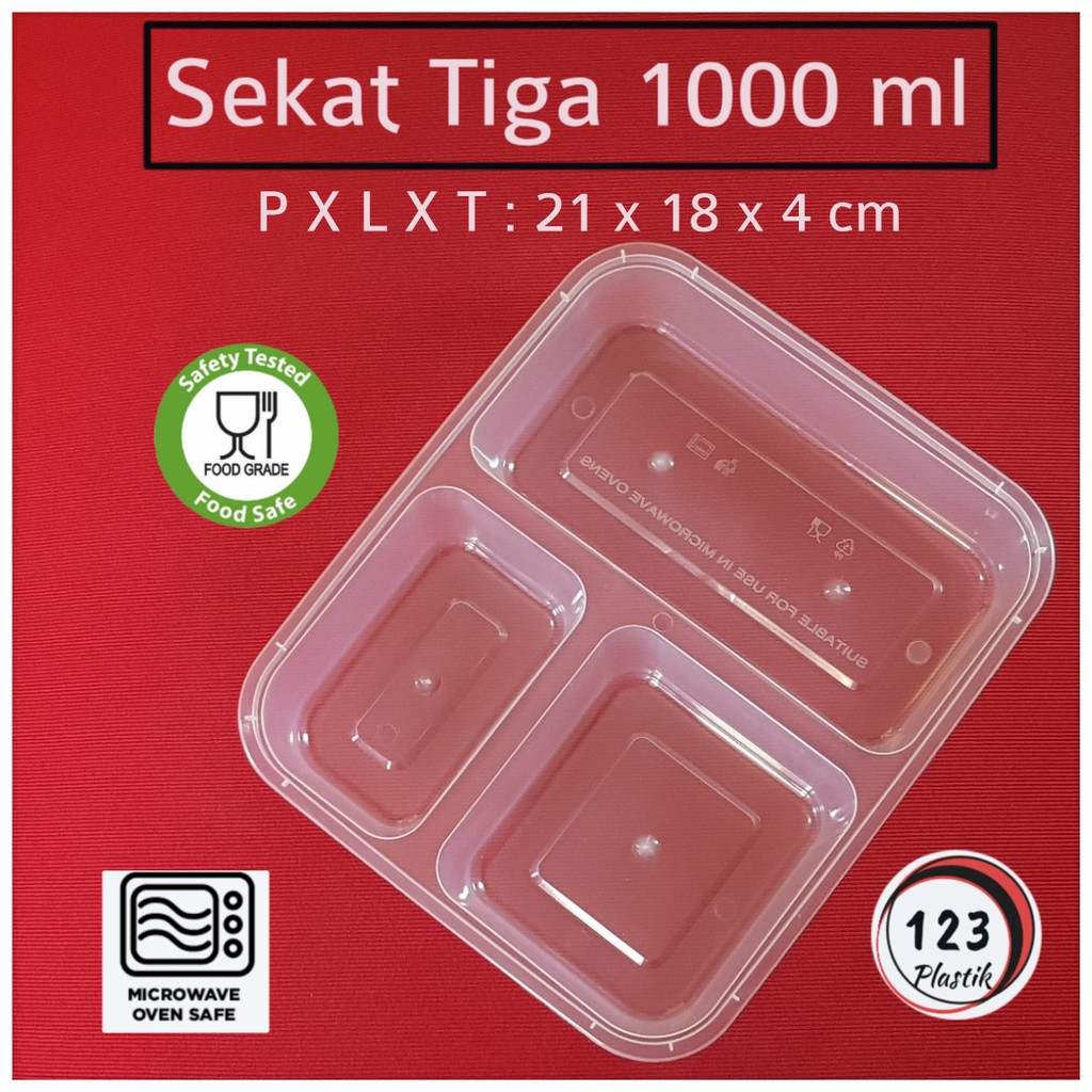 Thinwall sekat 3 (1000 ml) free packing kardus bubble. Catering. Lunch box. Berkualitas