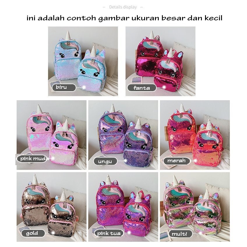 Tas Ransel Sequin Unicorn Besar TRU025 dan kecil TRU026 backpack reversible anak perempuan TK SD