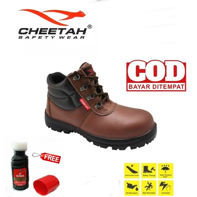 Sepatu Safety Cheetah 7106C FREE Semir Sepatu Kiwi Poles Warna Coklat