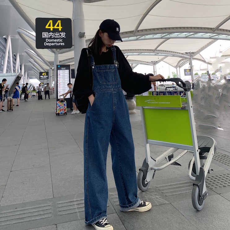 Overall Biru Kaki Lebar Longgar Pinggang Tinggi Gaya Korea Wanita---Celana Kodok Jeans Wanita